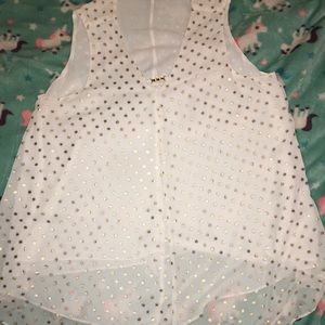 Beautiful white with gold polka dot top .